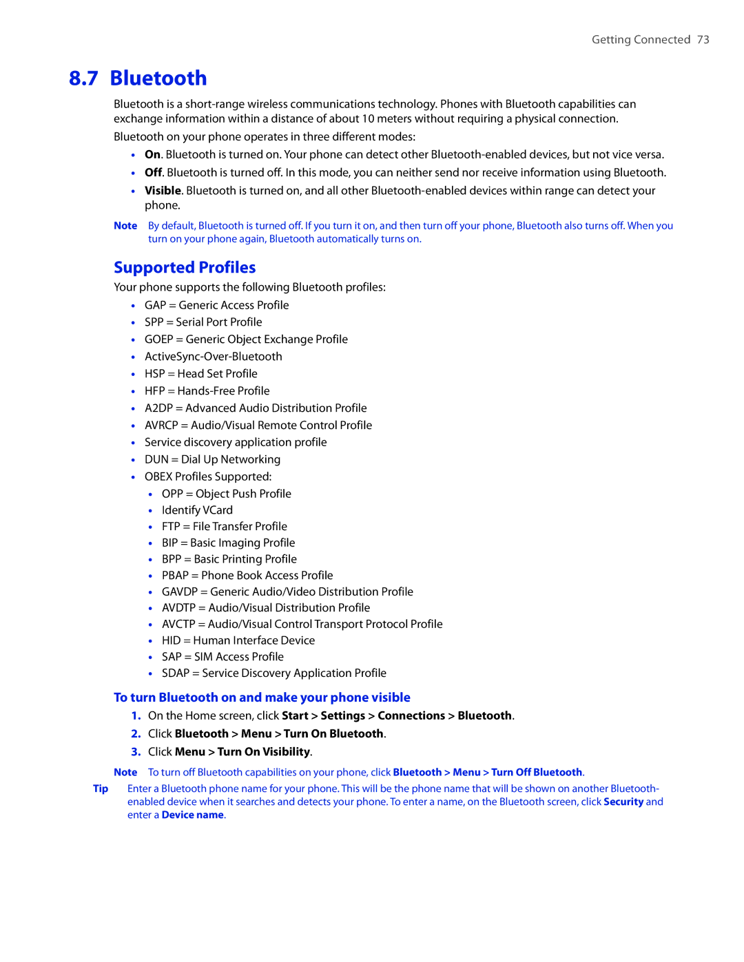 HTC CEDA100 user manual Supported Profiles, To turn Bluetooth on and make your phone visible 