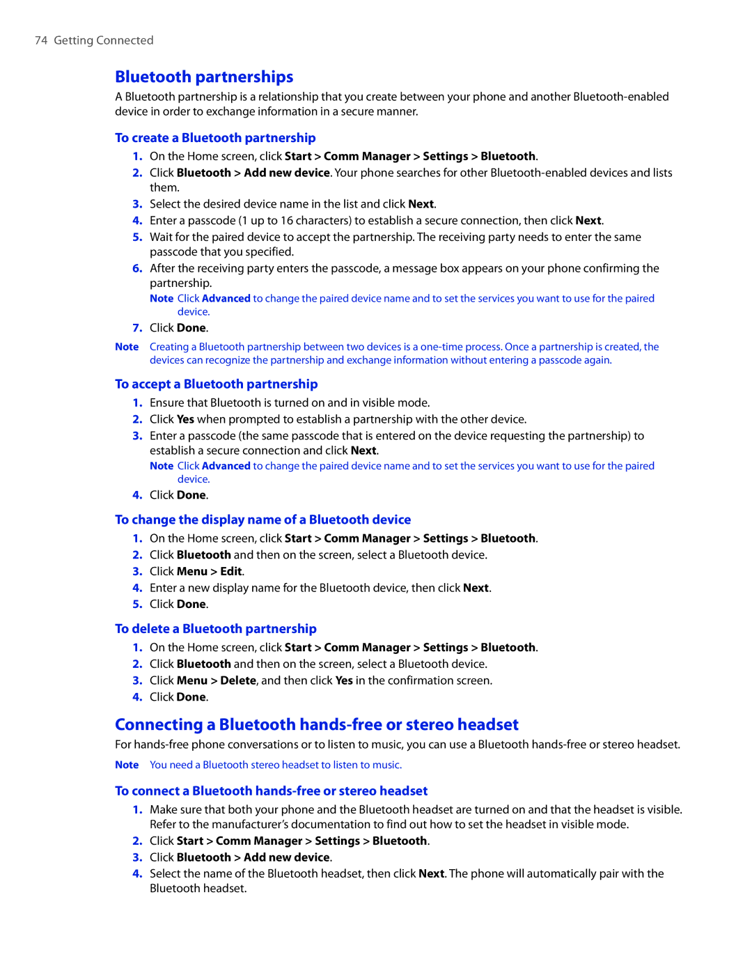 HTC CEDA100 user manual Bluetooth partnerships, Connecting a Bluetooth hands-free or stereo headset 