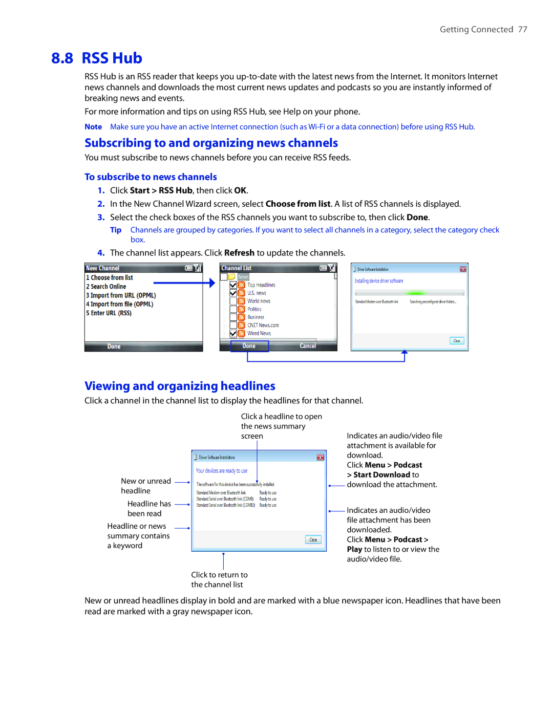 HTC CEDA100 user manual RSS Hub, Subscribing to and organizing news channels, Viewing and organizing headlines 