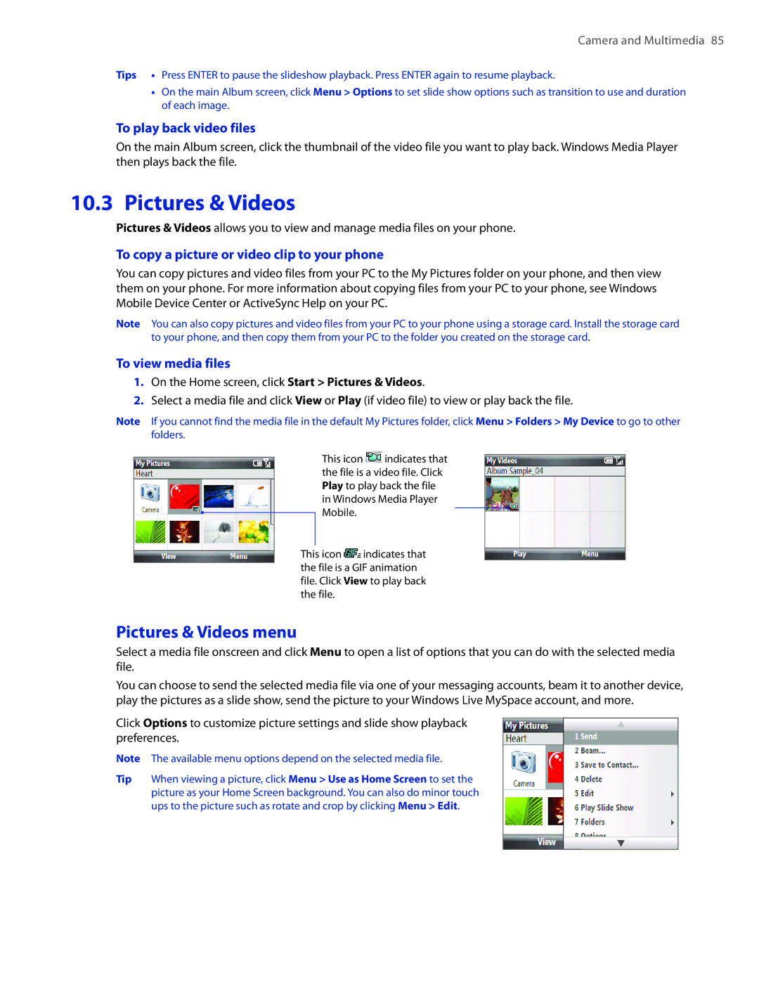 HTC CEDA100 user manual Pictures & Videos menu, To play back video files, To copy a picture or video clip to your phone 