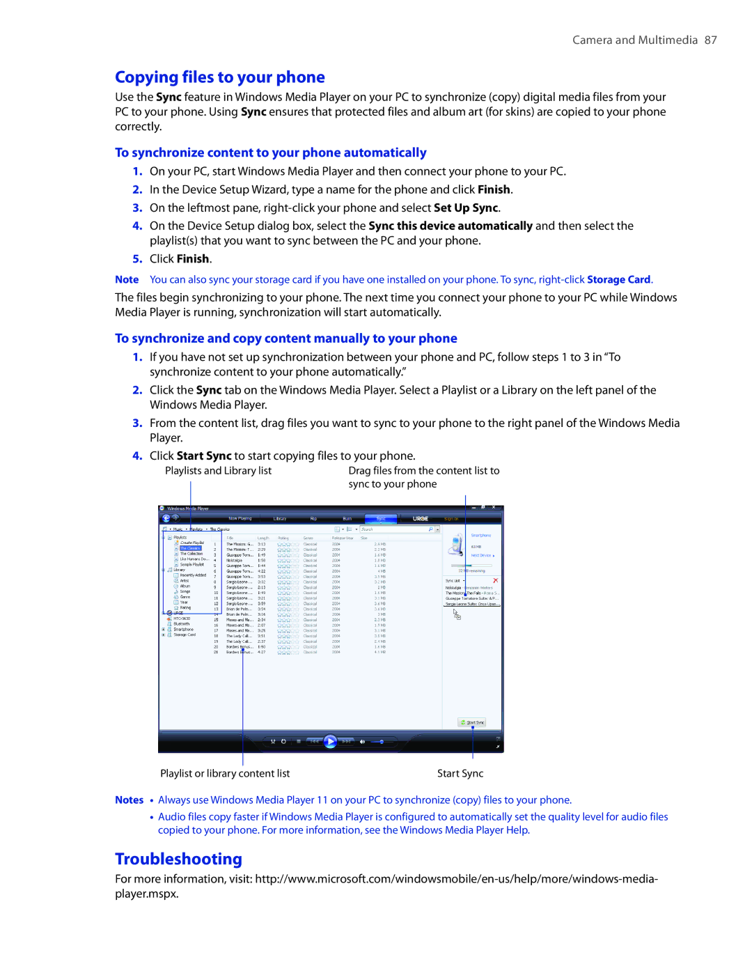 HTC CEDA100 user manual Copying files to your phone, Troubleshooting, To synchronize content to your phone automatically 