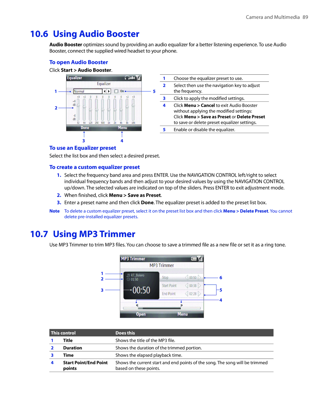 HTC CEDA100 user manual Using Audio Booster, Using MP3 Trimmer, To open Audio Booster, To use an Equalizer preset 