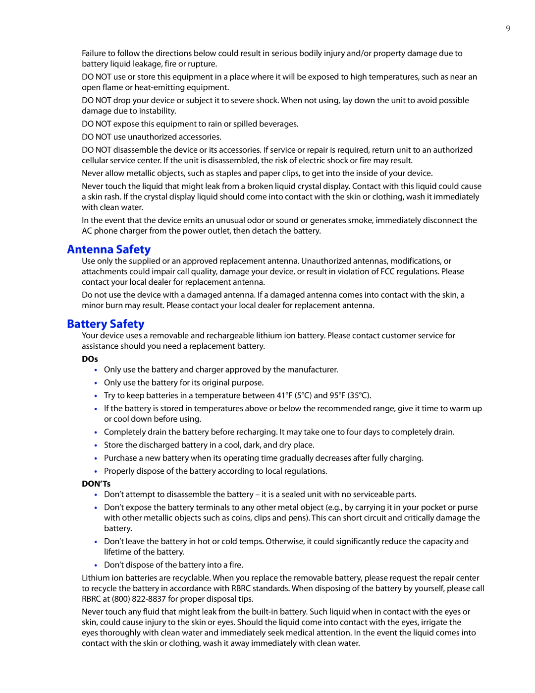 HTC CEDA100 user manual Antenna Safety, Battery Safety, DOs, DON’Ts 