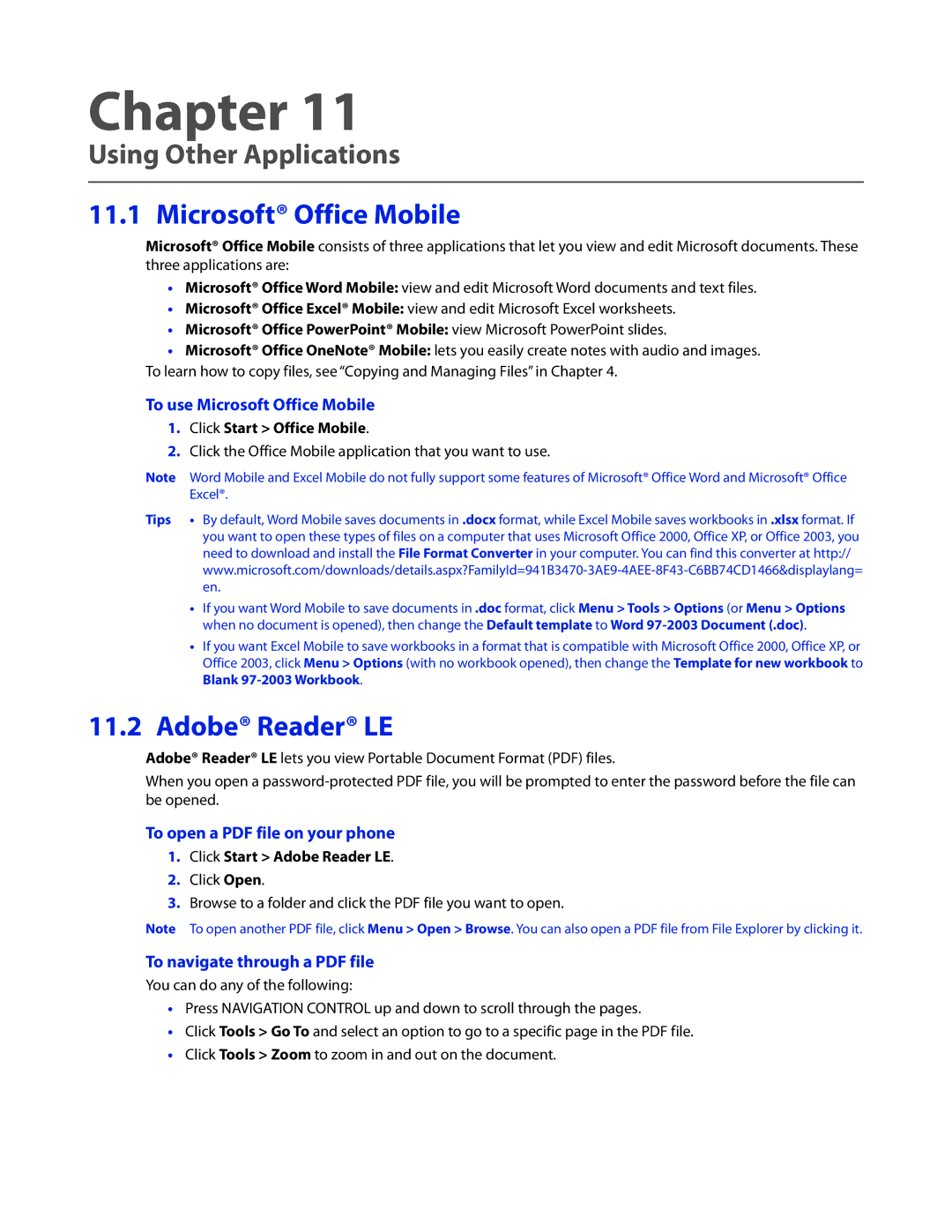 HTC CEDA100 user manual Using Other Applications, Adobe Reader LE, To use Microsoft Office Mobile 