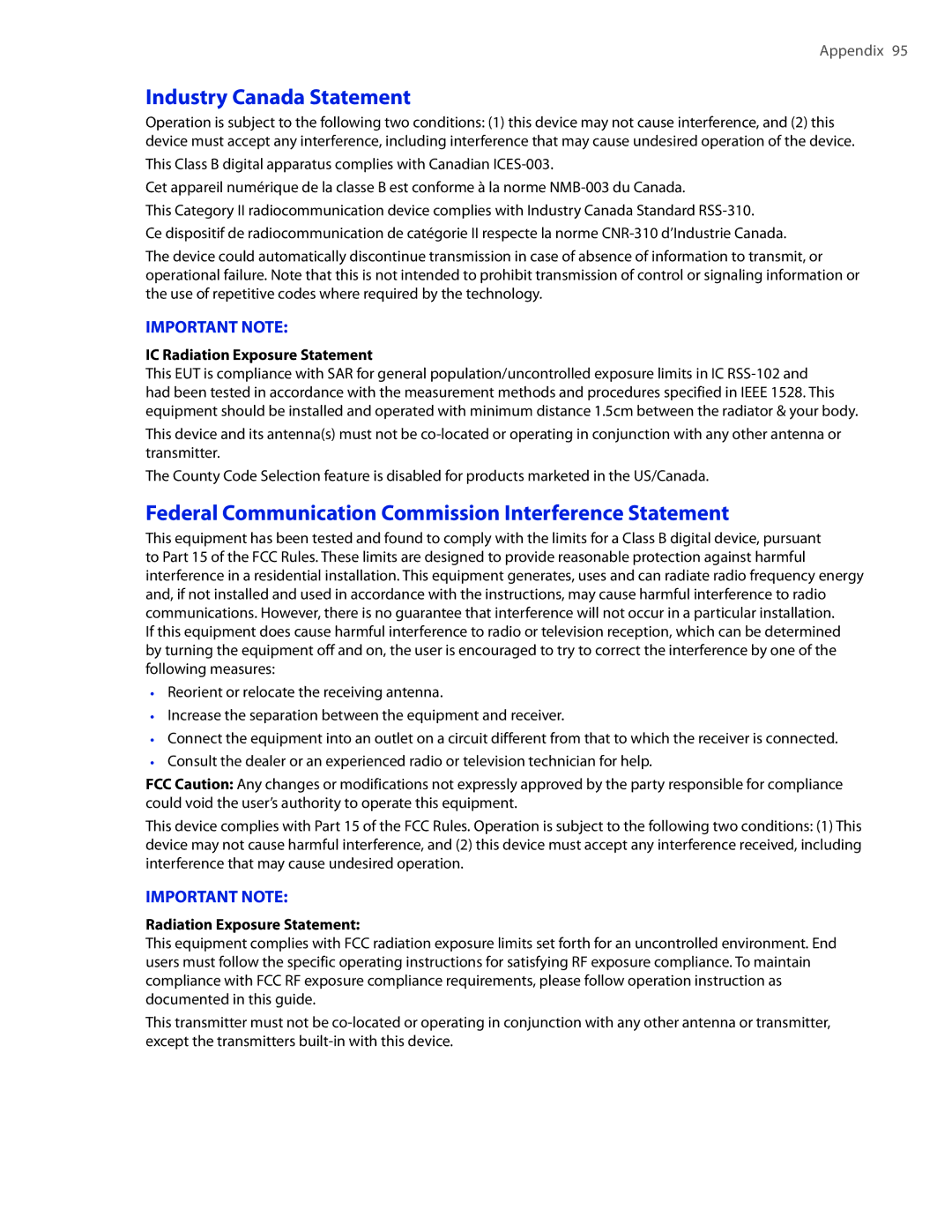 HTC CEDA100 user manual Industry Canada Statement, Federal Communication Commission Interference Statement 