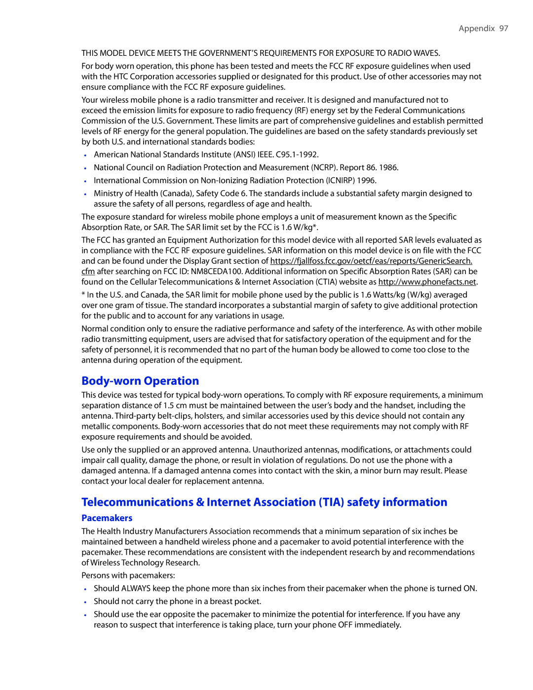 HTC CEDA100 user manual Body-worn Operation, Pacemakers 