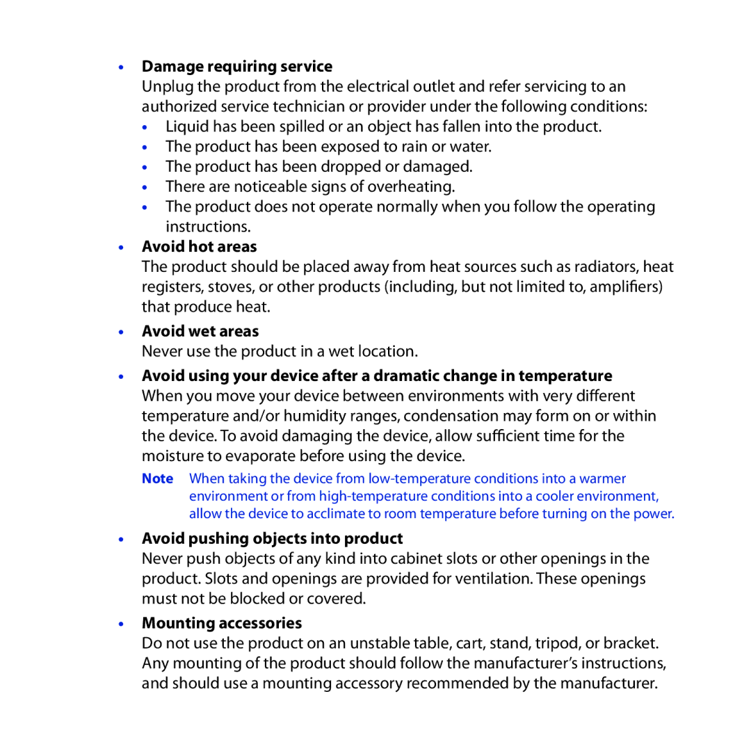 HTC Dash 3G manual Damage requiring service, Avoid hot areas, Avoid wet areas, Avoid pushing objects into product 