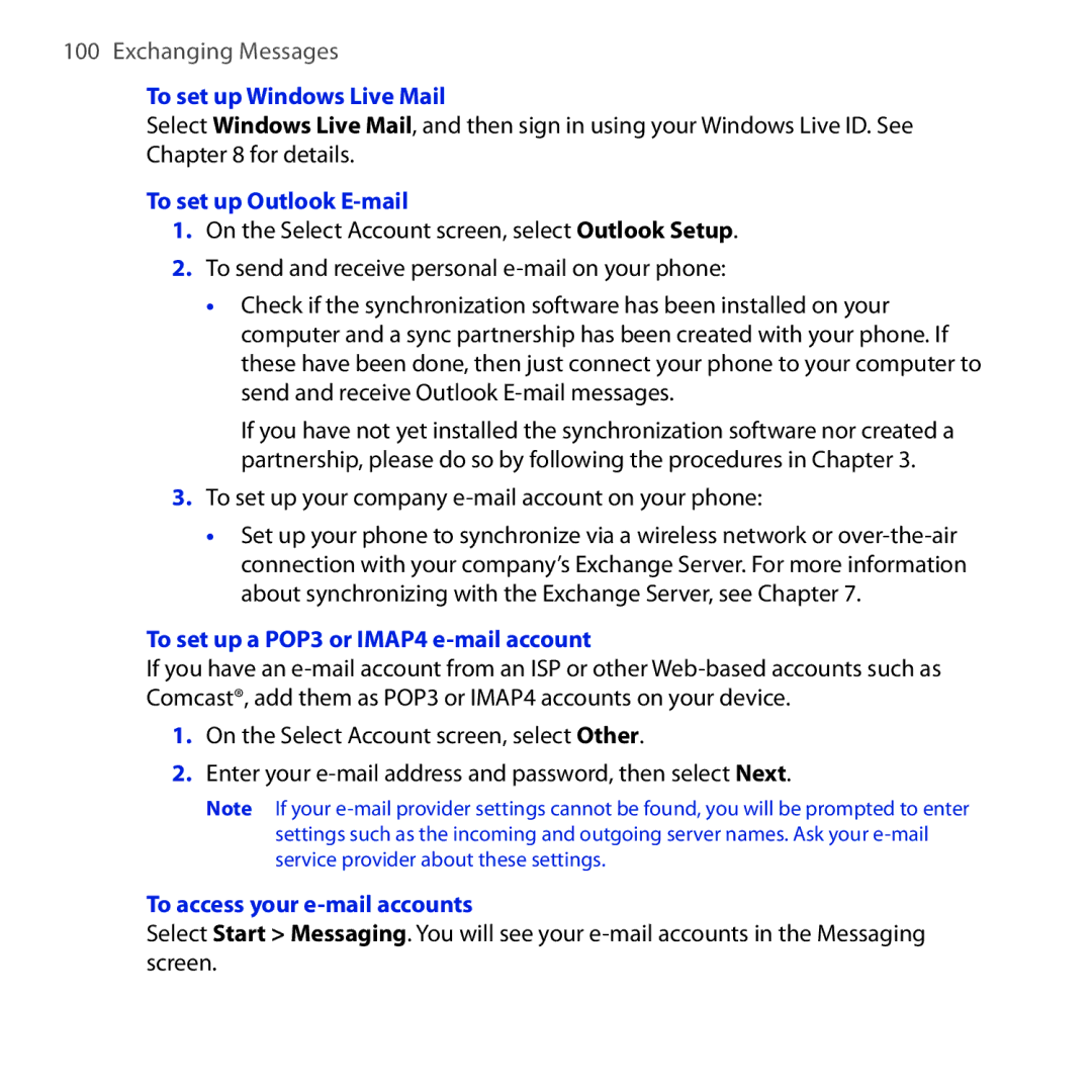 HTC Dash 3G manual To set up Windows Live Mail, To set up Outlook E-mail, To set up a POP3 or IMAP4 e-mail account 