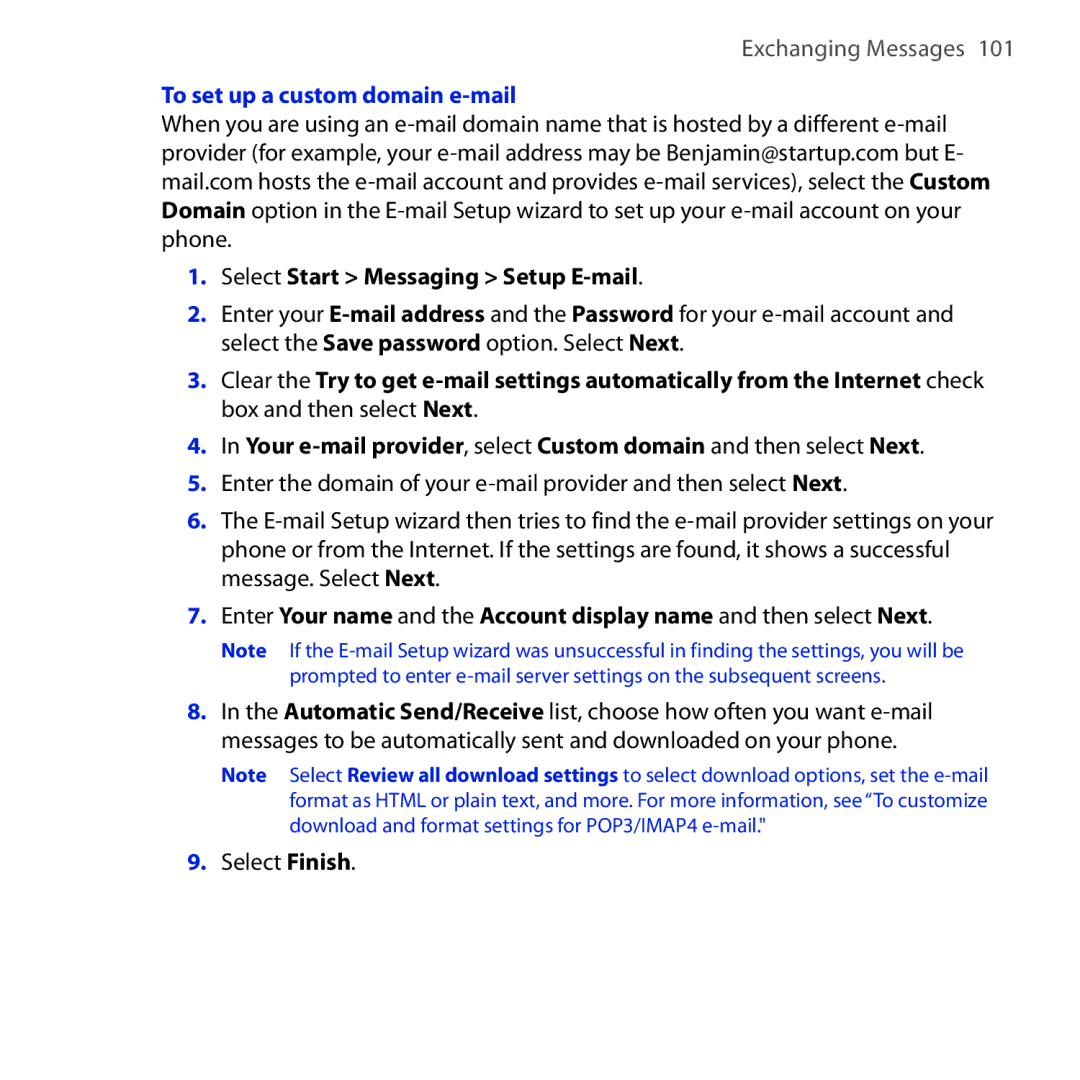 HTC Dash 3G manual To set up a custom domain e-mail, Select Start Messaging Setup E-mail 