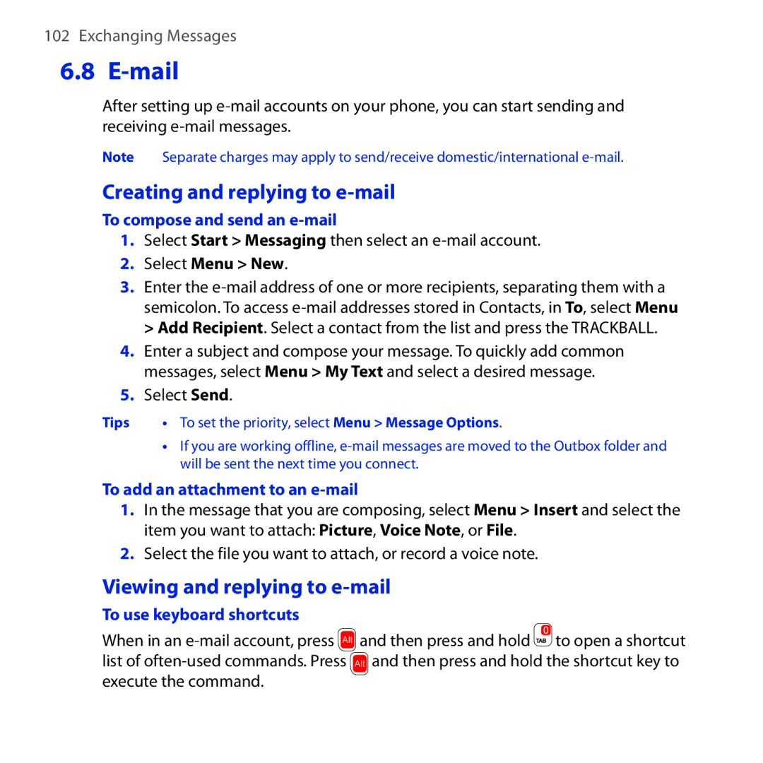 HTC Dash 3G manual Mail, Creating and replying to e-mail, Viewing and replying to e-mail 