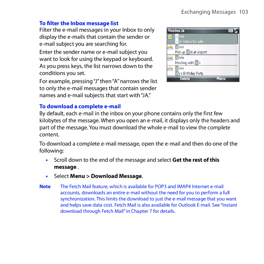 HTC Dash 3G manual To filter the Inbox message list, To download a complete e-mail, Select Menu Download Message 