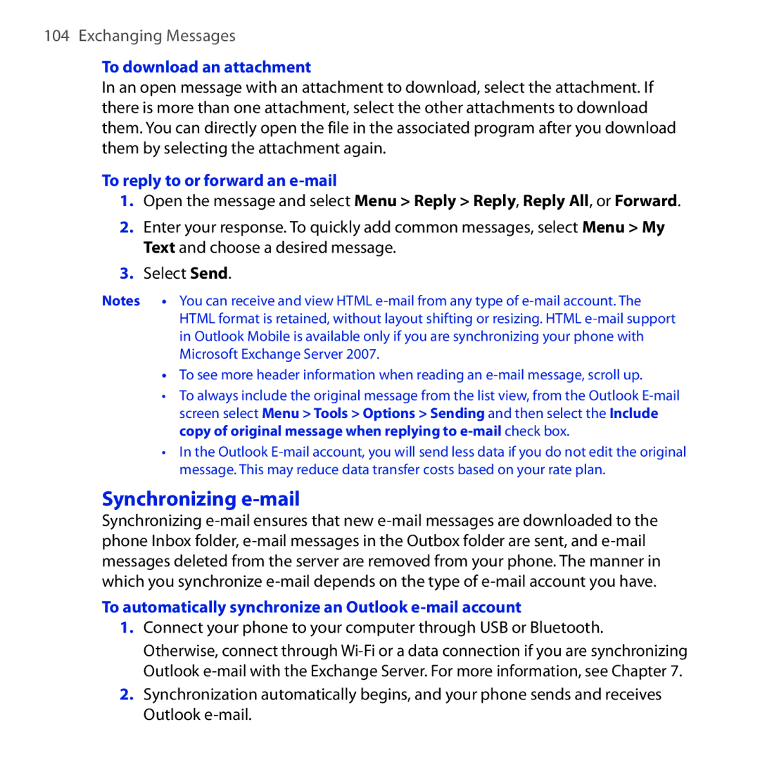 HTC Dash 3G manual Synchronizing e-mail, To download an attachment, To reply to or forward an e-mail 