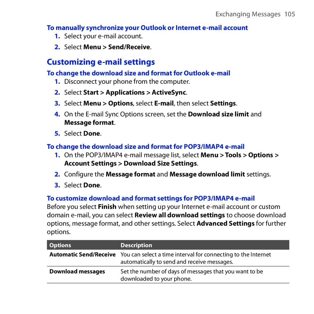 HTC Dash 3G manual Customizing e-mail settings, Select Menu Send/Receive, Select Start Applications ActiveSync 