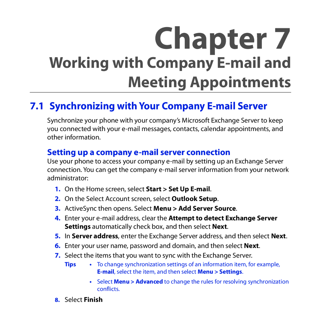 HTC Dash 3G manual Synchronizing with Your Company E-mail Server, Setting up a company e-mail server connection 