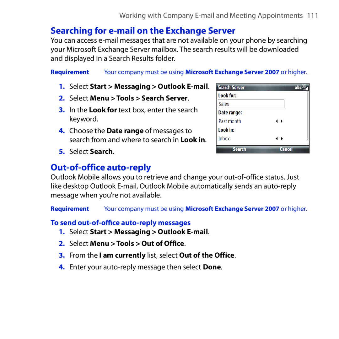 HTC Dash 3G manual Searching for e-mail on the Exchange Server, Out-of-office auto-reply 