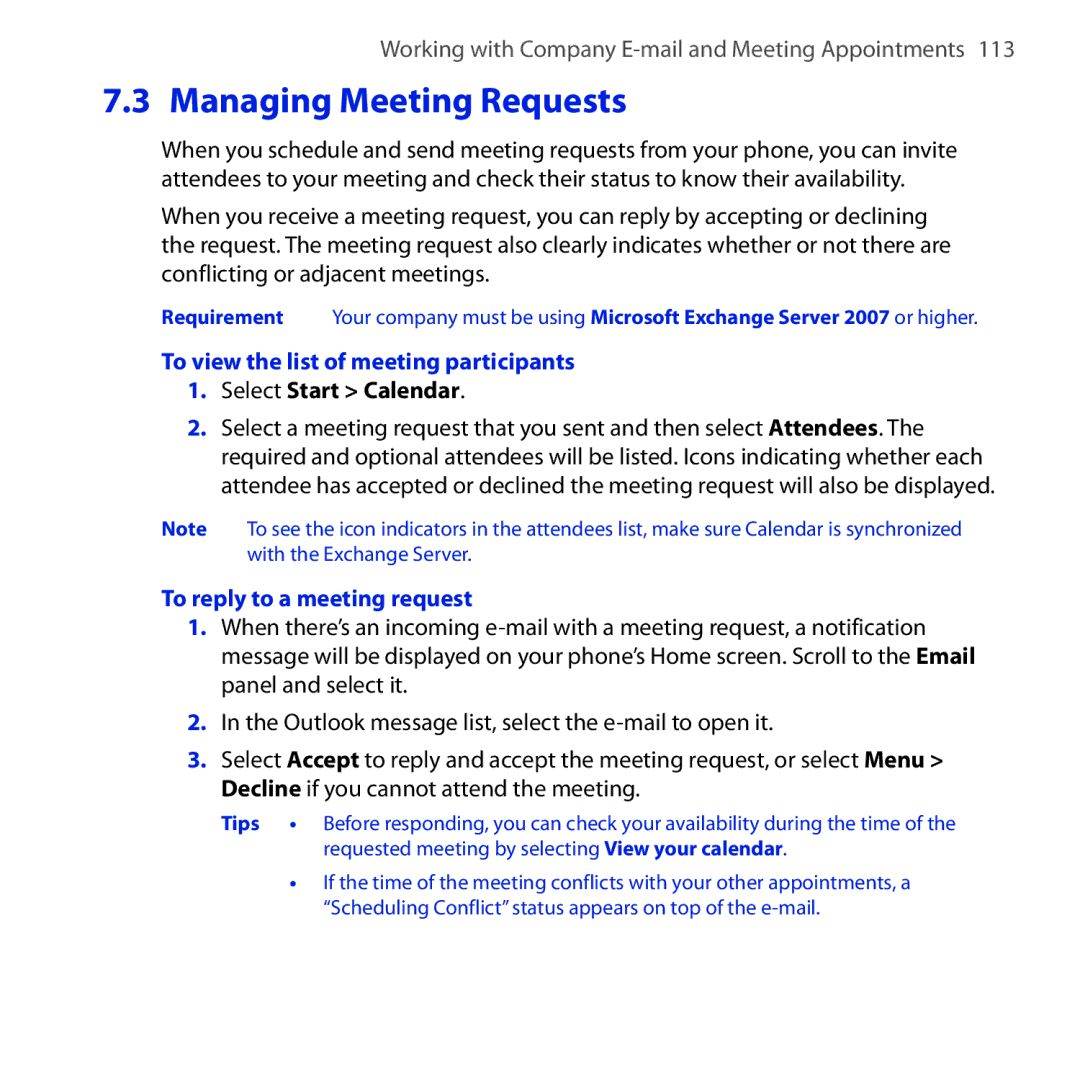 HTC Dash 3G manual Managing Meeting Requests, To view the list of meeting participants, Select Start Calendar 