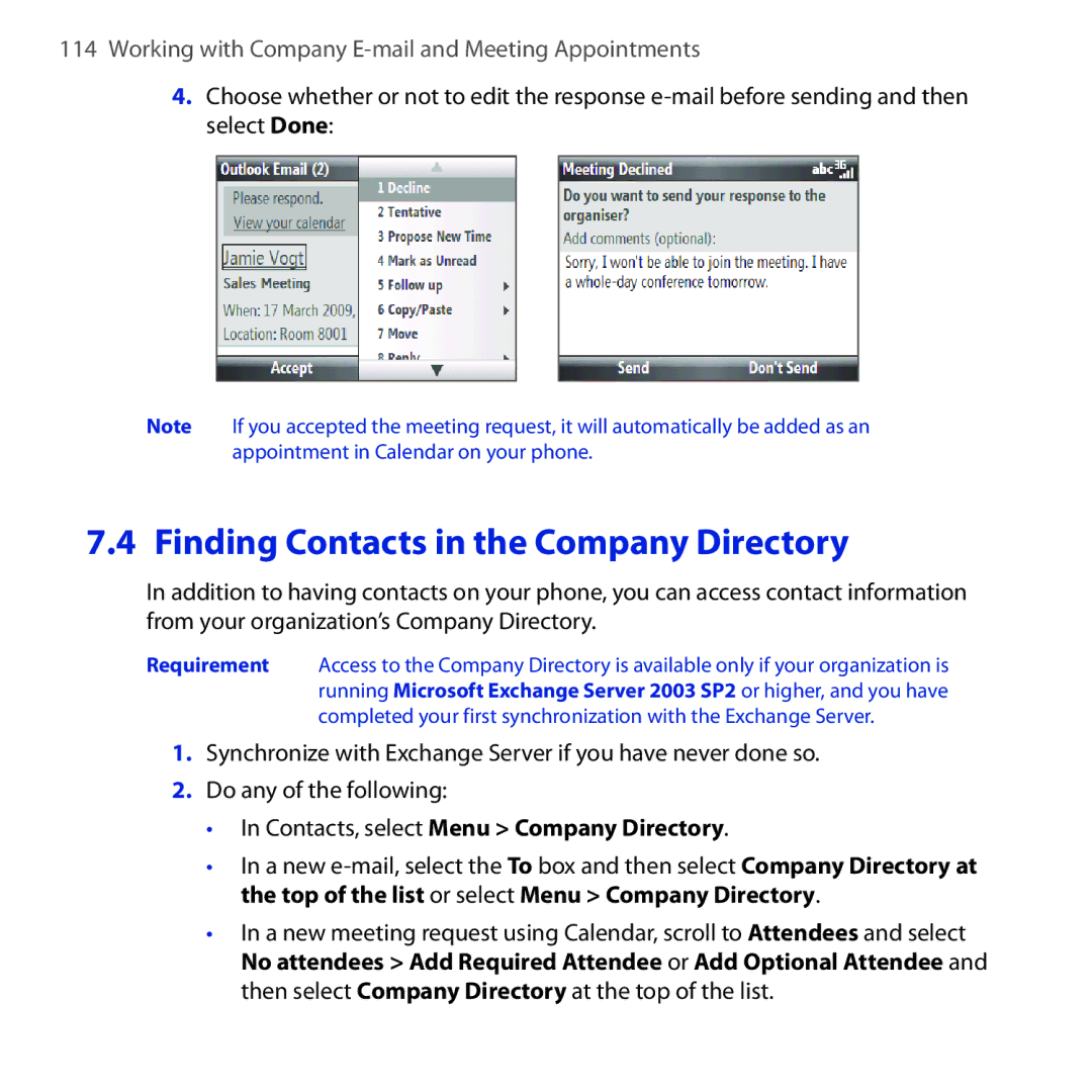 HTC Dash 3G manual Finding Contacts in the Company Directory, Contacts, select Menu Company Directory 