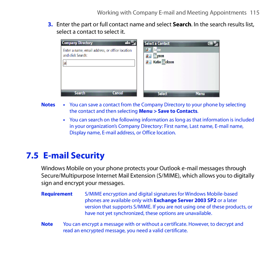 HTC Dash 3G manual Mail Security 