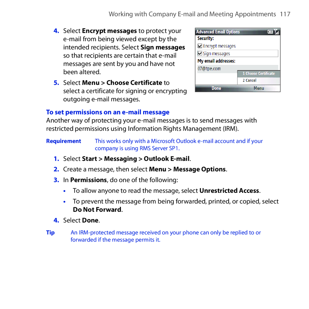 HTC Dash 3G manual To set permissions on an e-mail message 