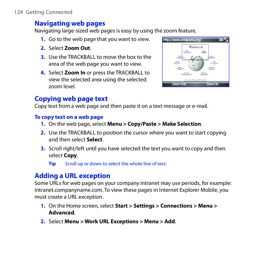 HTC Dash 3G manual Navigating web pages, Copying web page text, Adding a URL exception, To copy text on a web 