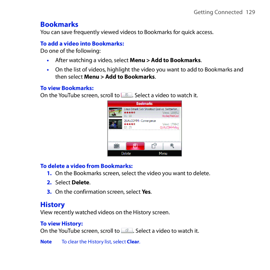 HTC Dash 3G manual Bookmarks, History 