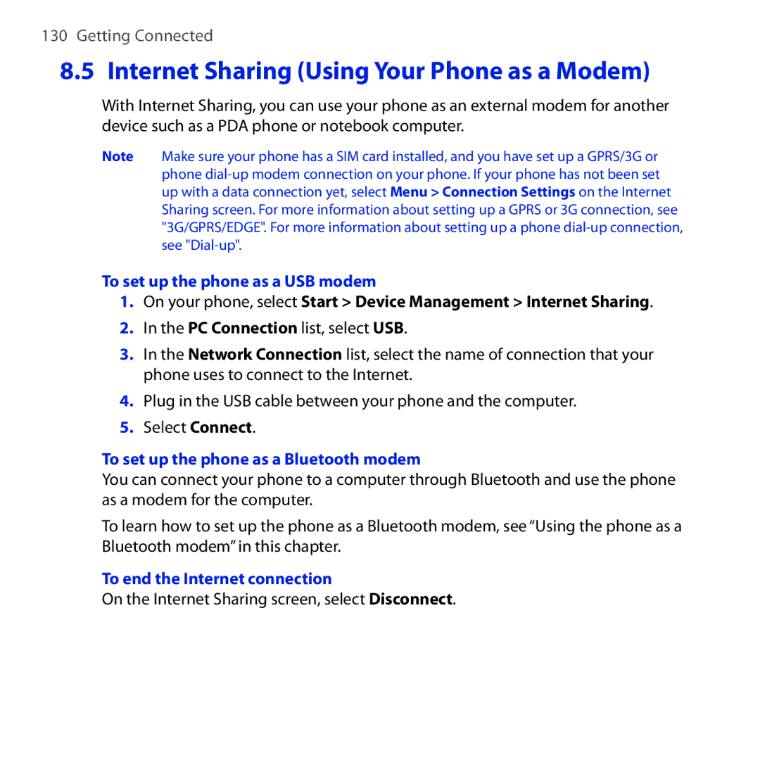 HTC Dash 3G manual Internet Sharing Using Your Phone as a Modem, To set up the phone as a USB modem 