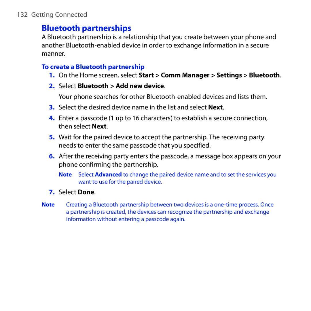 HTC Dash 3G manual Bluetooth partnerships, To create a Bluetooth partnership 