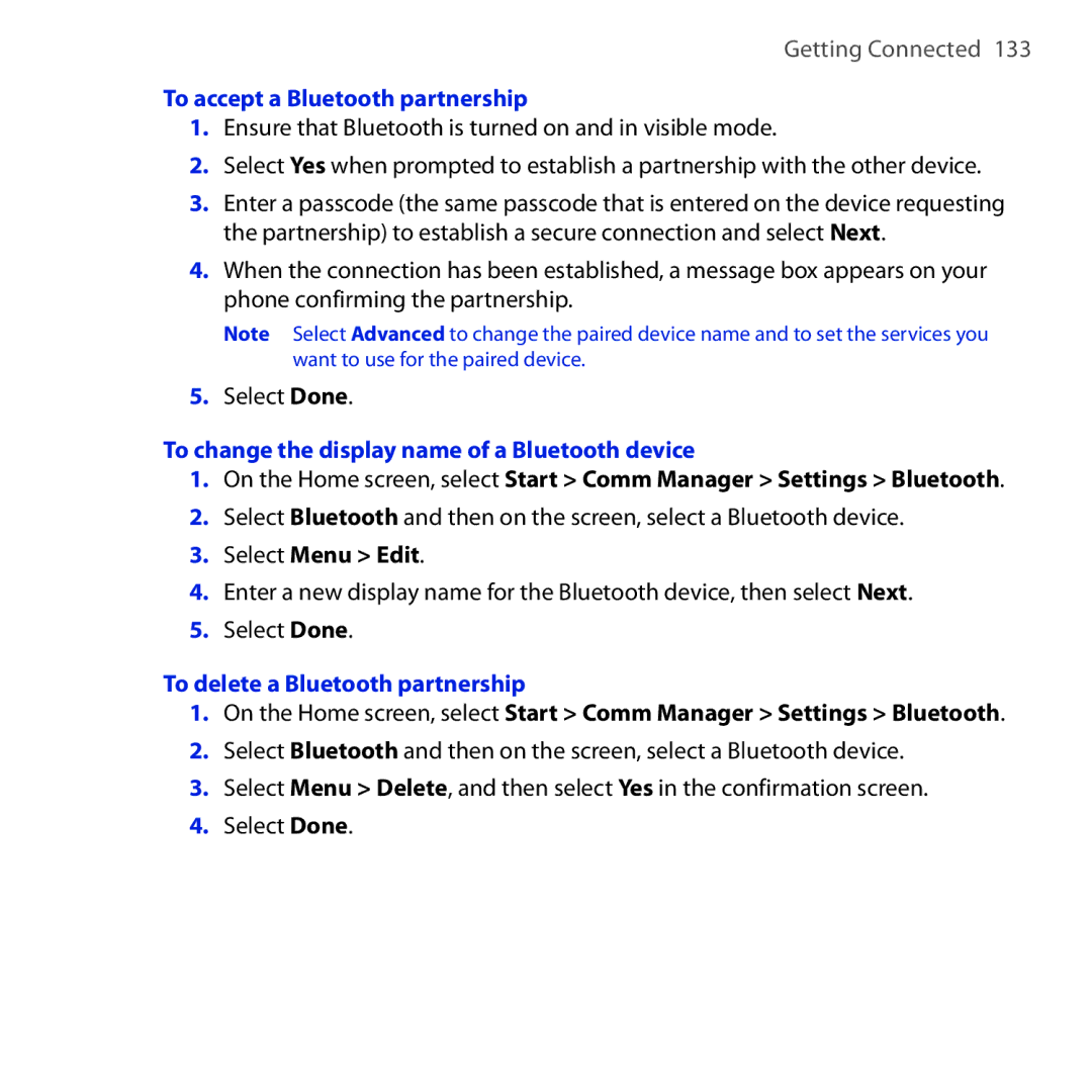 HTC Dash 3G manual To accept a Bluetooth partnership, To change the display name of a Bluetooth device 