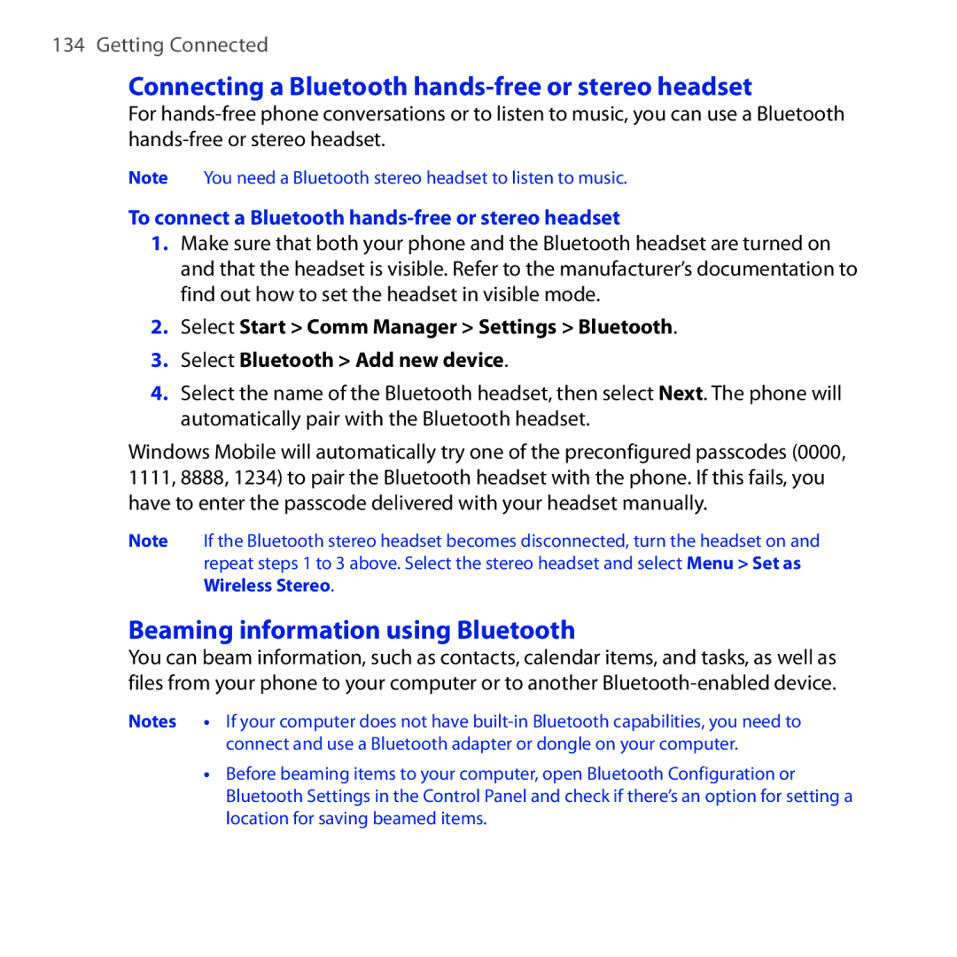 HTC Dash 3G manual Connecting a Bluetooth hands-free or stereo headset, Beaming information using Bluetooth 