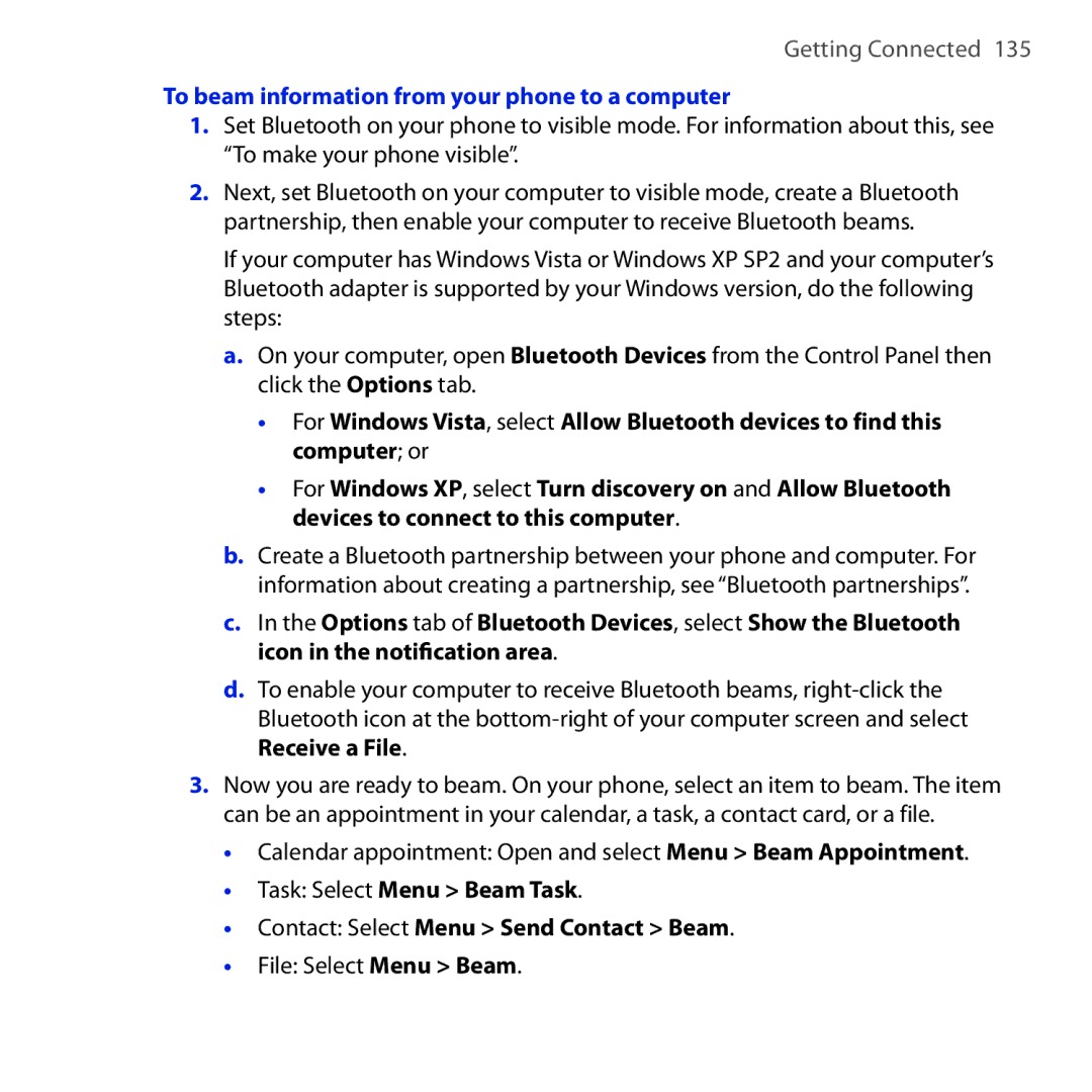 HTC Dash 3G manual To beam information from your phone to a computer 