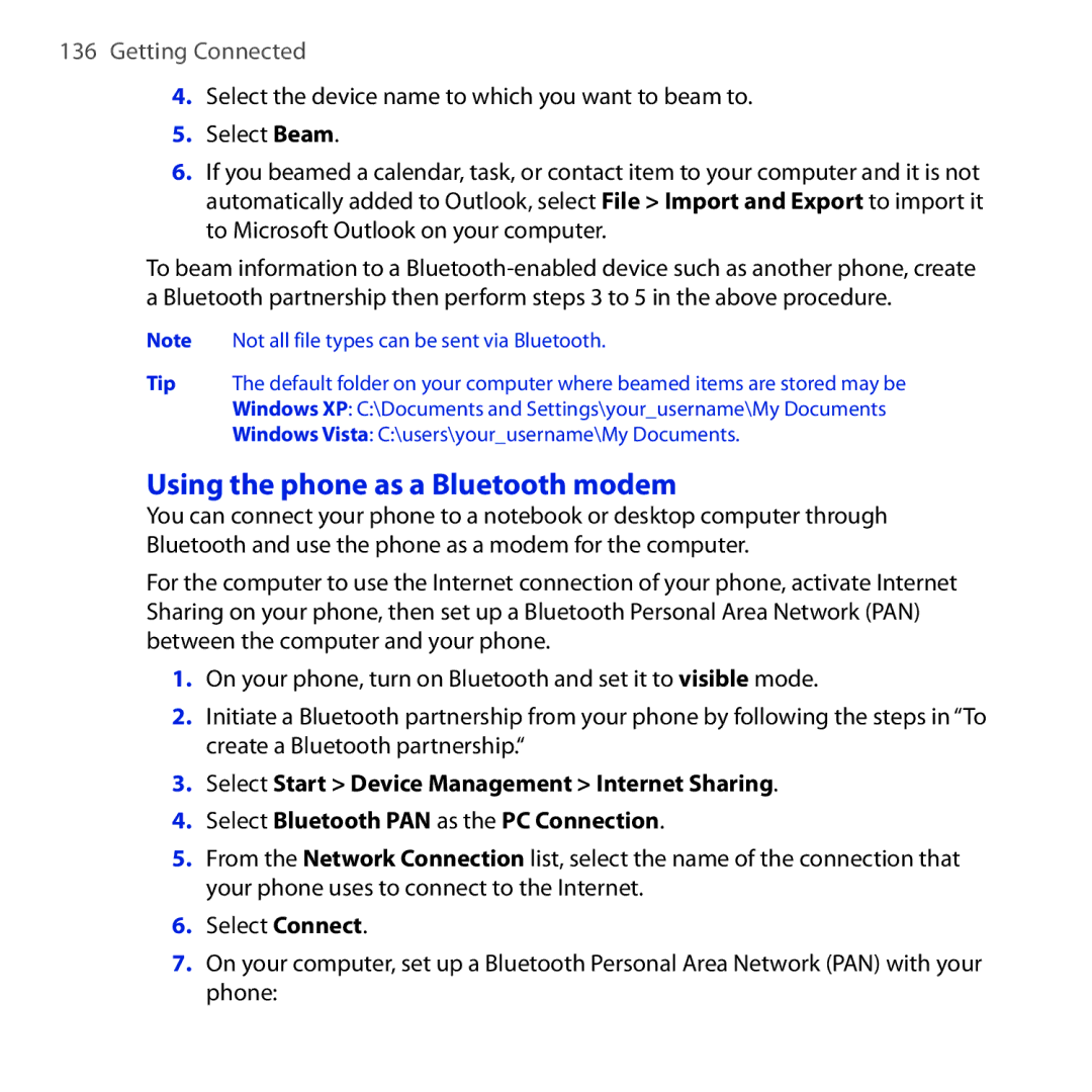 HTC Dash 3G manual Using the phone as a Bluetooth modem 