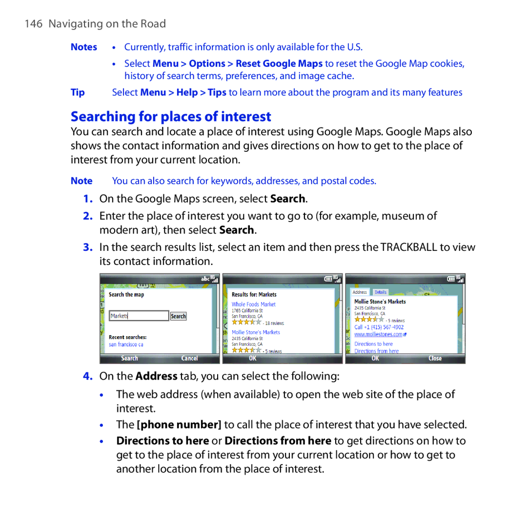 HTC Dash 3G manual Searching for places of interest, Navigating on the Road 