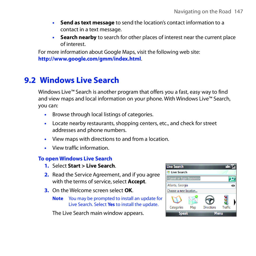 HTC Dash 3G manual To open Windows Live Search, Select Start Live Search 