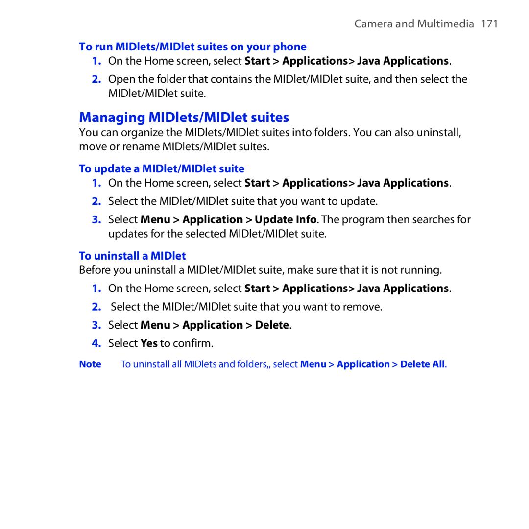 HTC Dash 3G Managing MIDlets/MIDlet suites, To run MIDlets/MIDlet suites on your phone, To update a MIDlet/MIDlet suite 