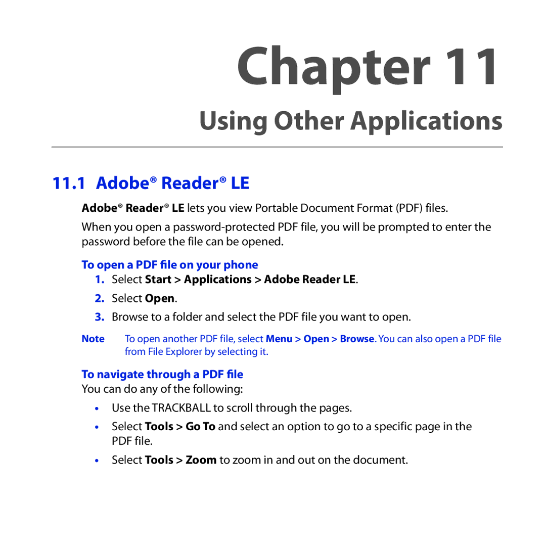 HTC Dash 3G manual Select Start Applications Adobe Reader LE 