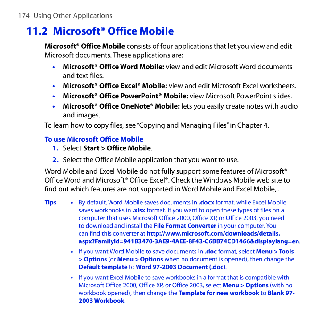 HTC Dash 3G manual To use Microsoft Office Mobile, Select Start Office Mobile 