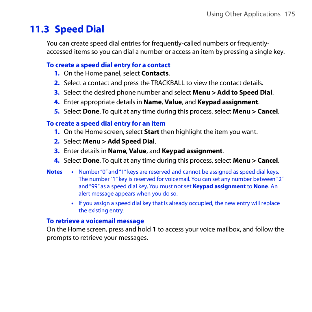 HTC Dash 3G manual Speed Dial, To create a speed dial entry for a contact, To create a speed dial entry for an item 