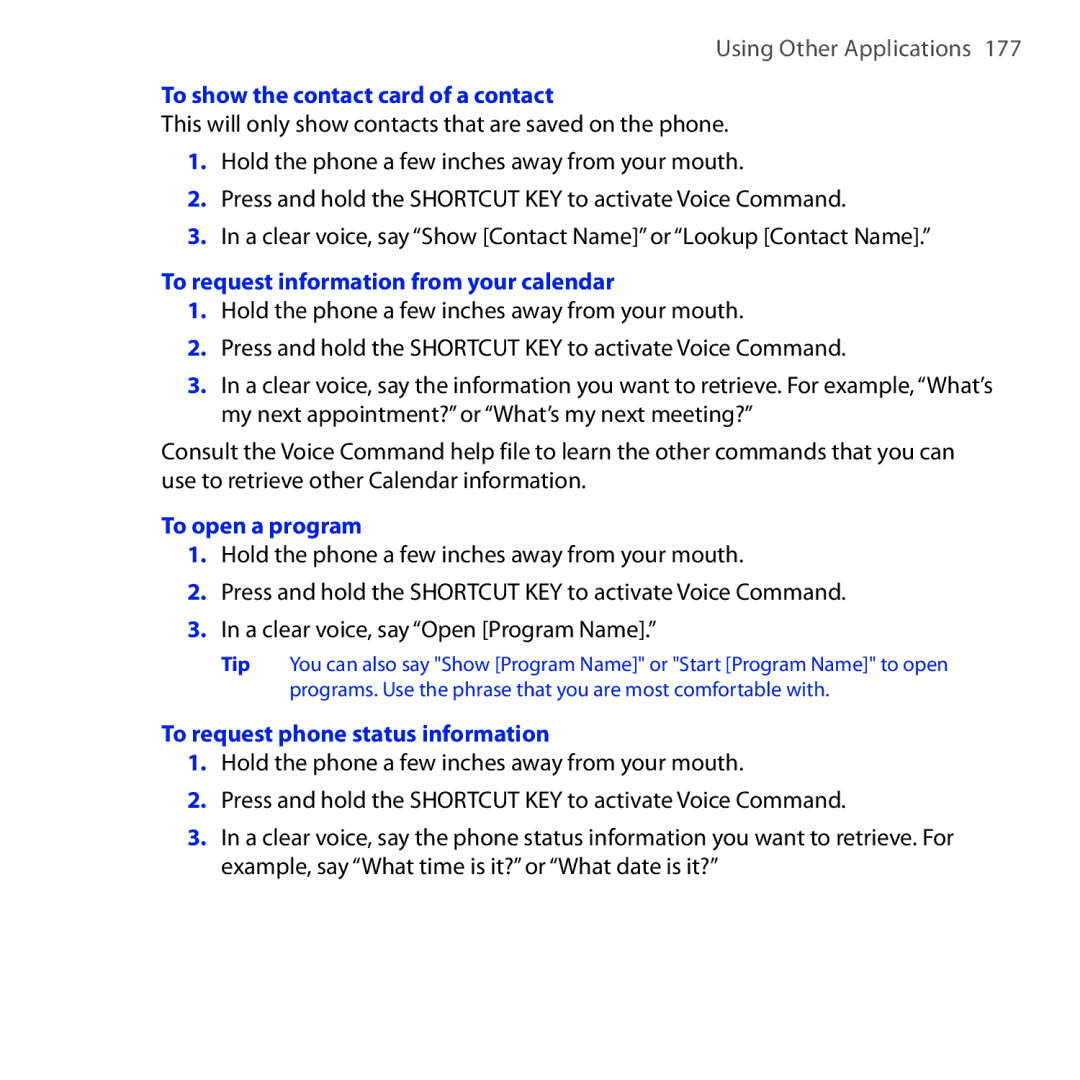 HTC Dash 3G manual To show the contact card of a contact, To request information from your calendar, To open a program 