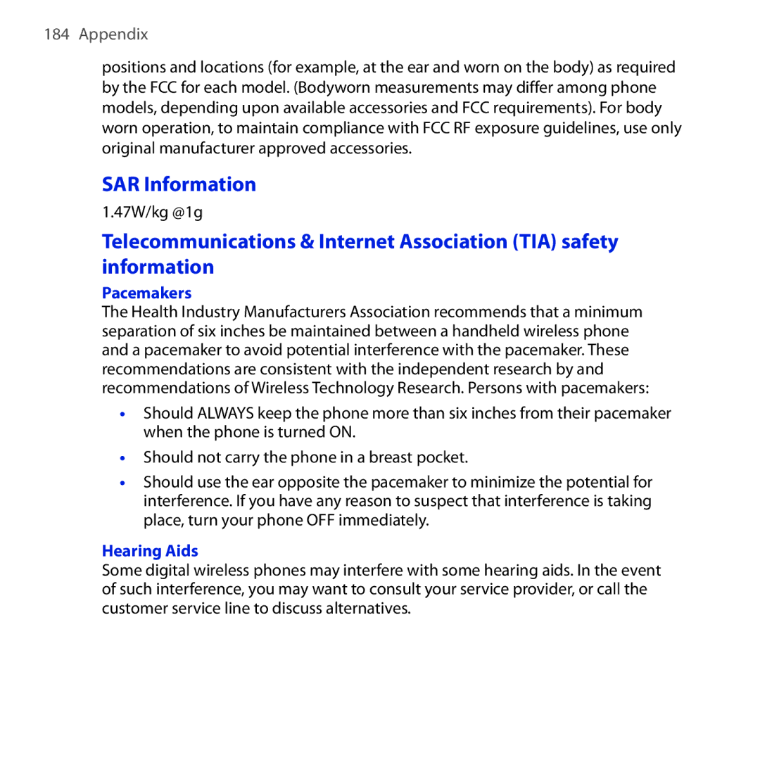 HTC Dash 3G manual SAR Information, Pacemakers, Hearing Aids 