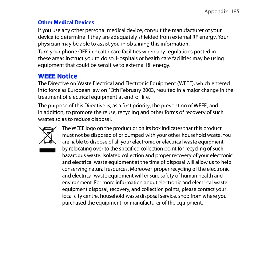 HTC Dash 3G manual Weee Notice, Other Medical Devices 