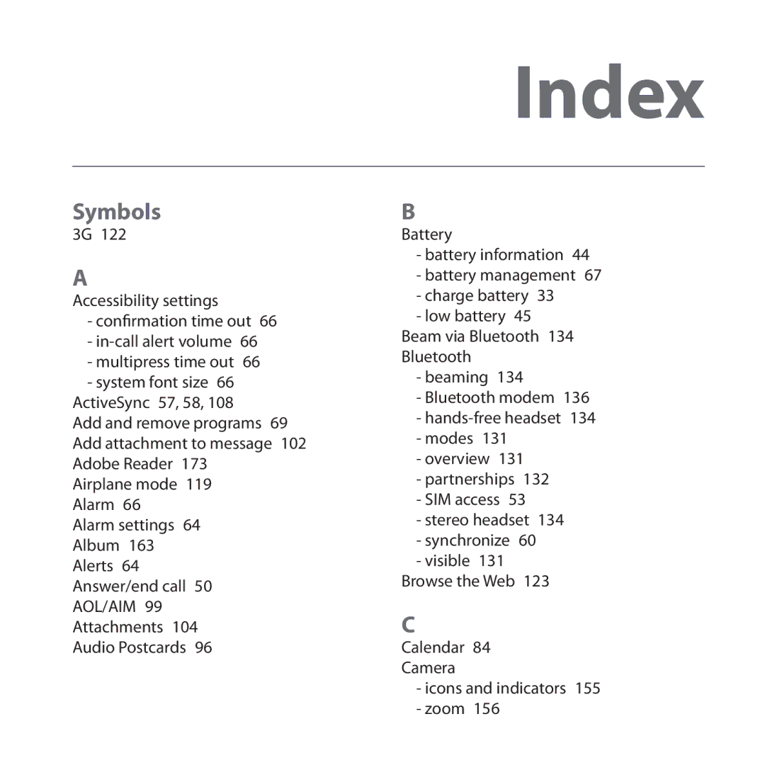 HTC Dash 3G manual Index 