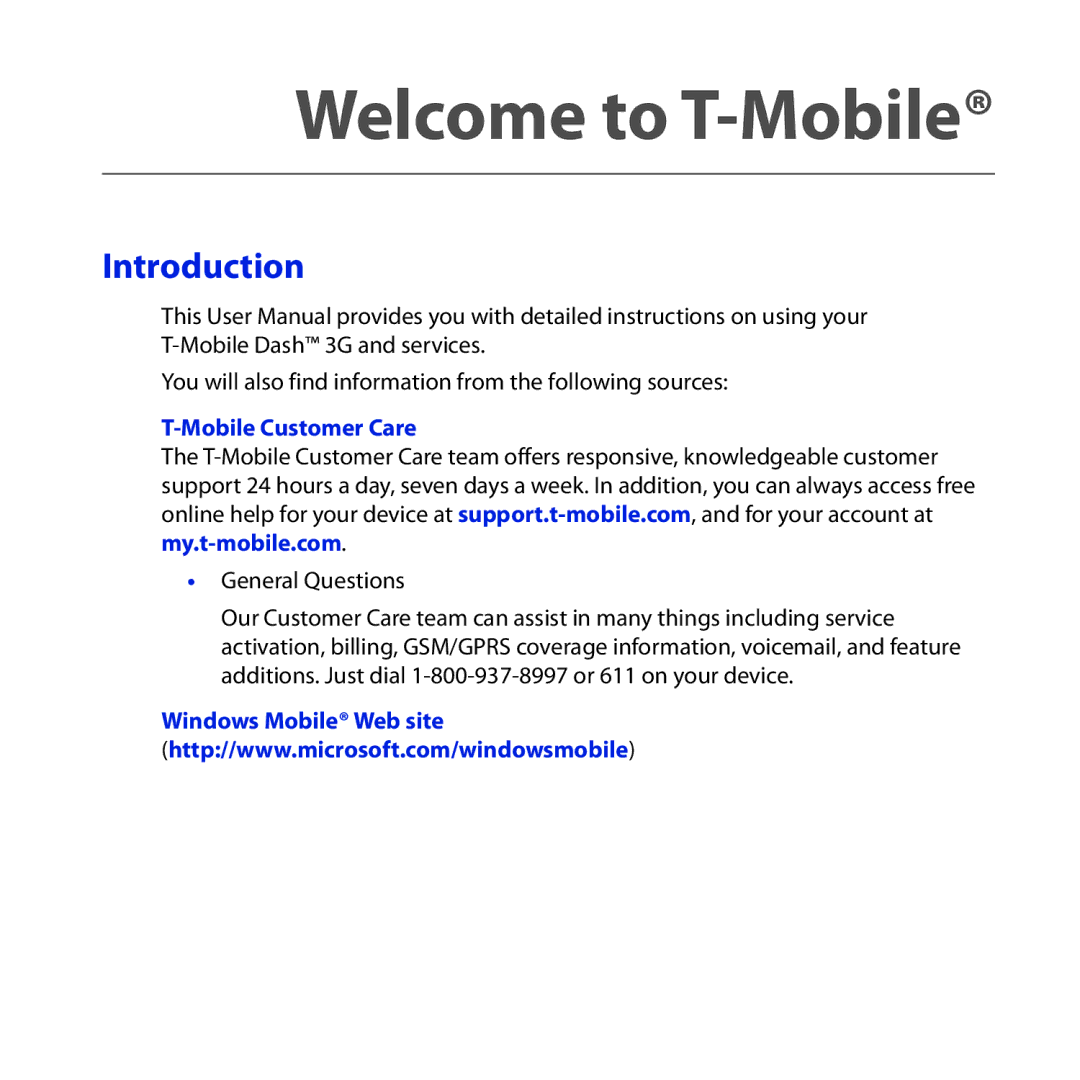 HTC Dash 3G manual Introduction, Mobile Customer Care, Windows Mobile Web site 