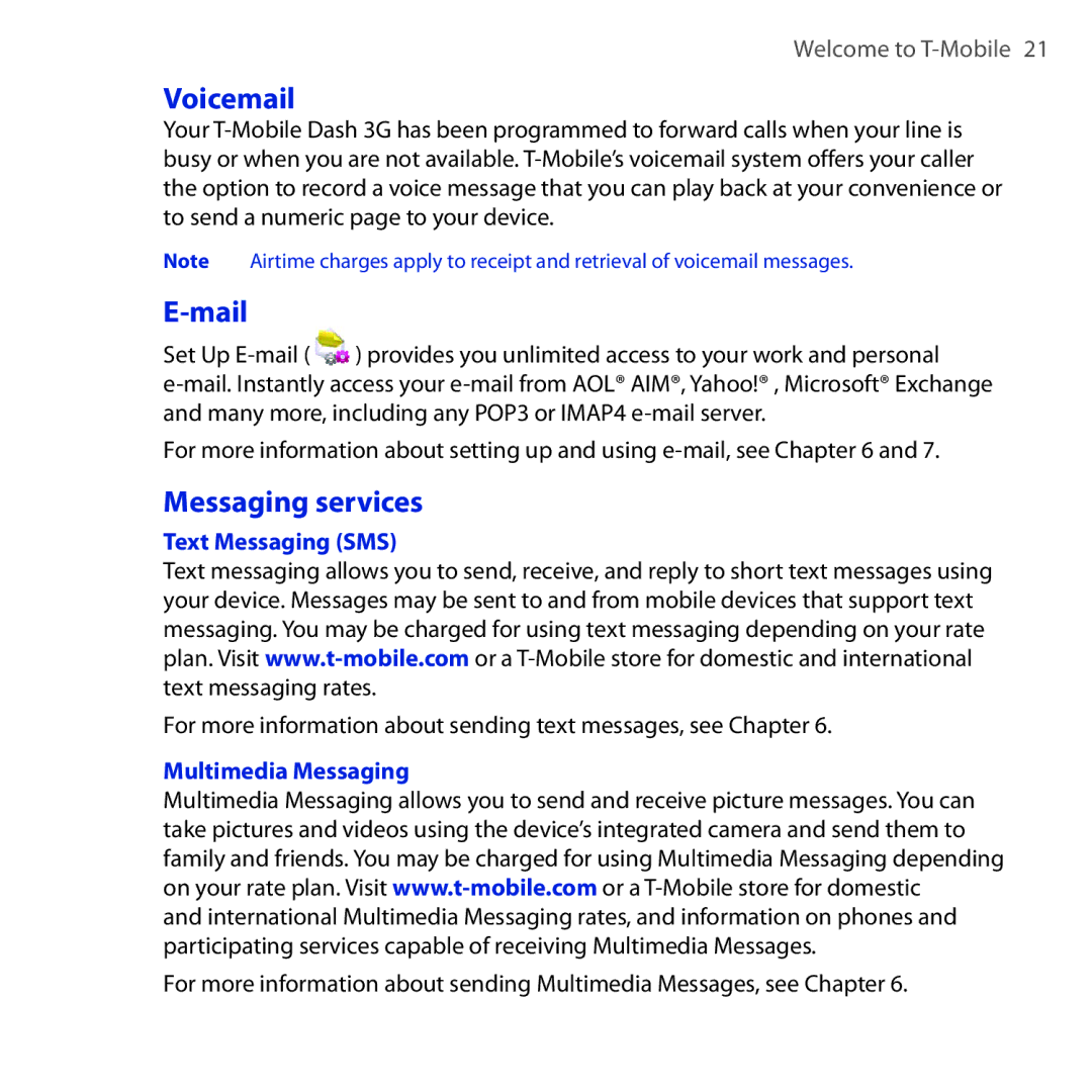 HTC Dash 3G manual Voicemail, Mail, Messaging services, Text Messaging SMS, Multimedia Messaging 
