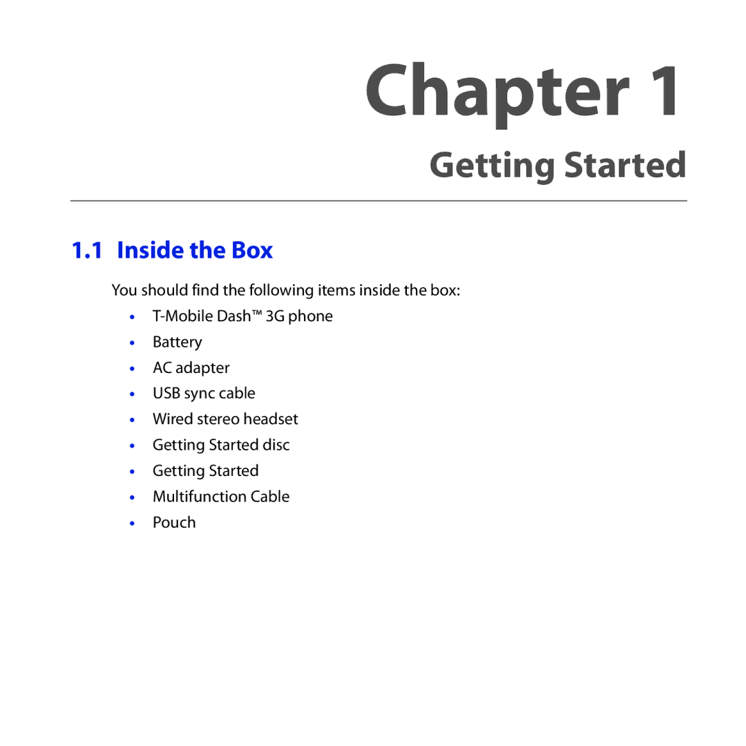 HTC Dash 3G manual Getting Started, Inside the Box 