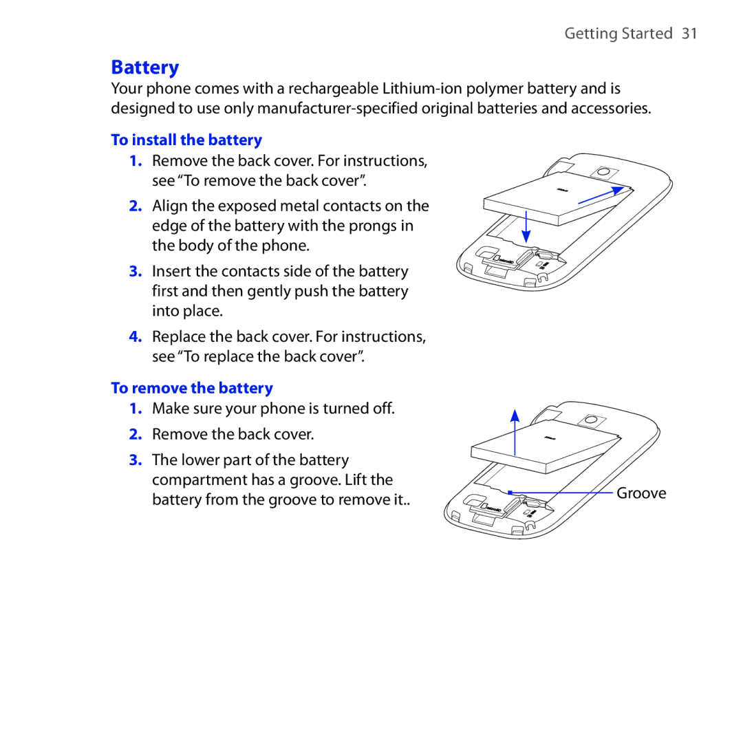 HTC Dash 3G manual Battery, To install the battery, To remove the battery 