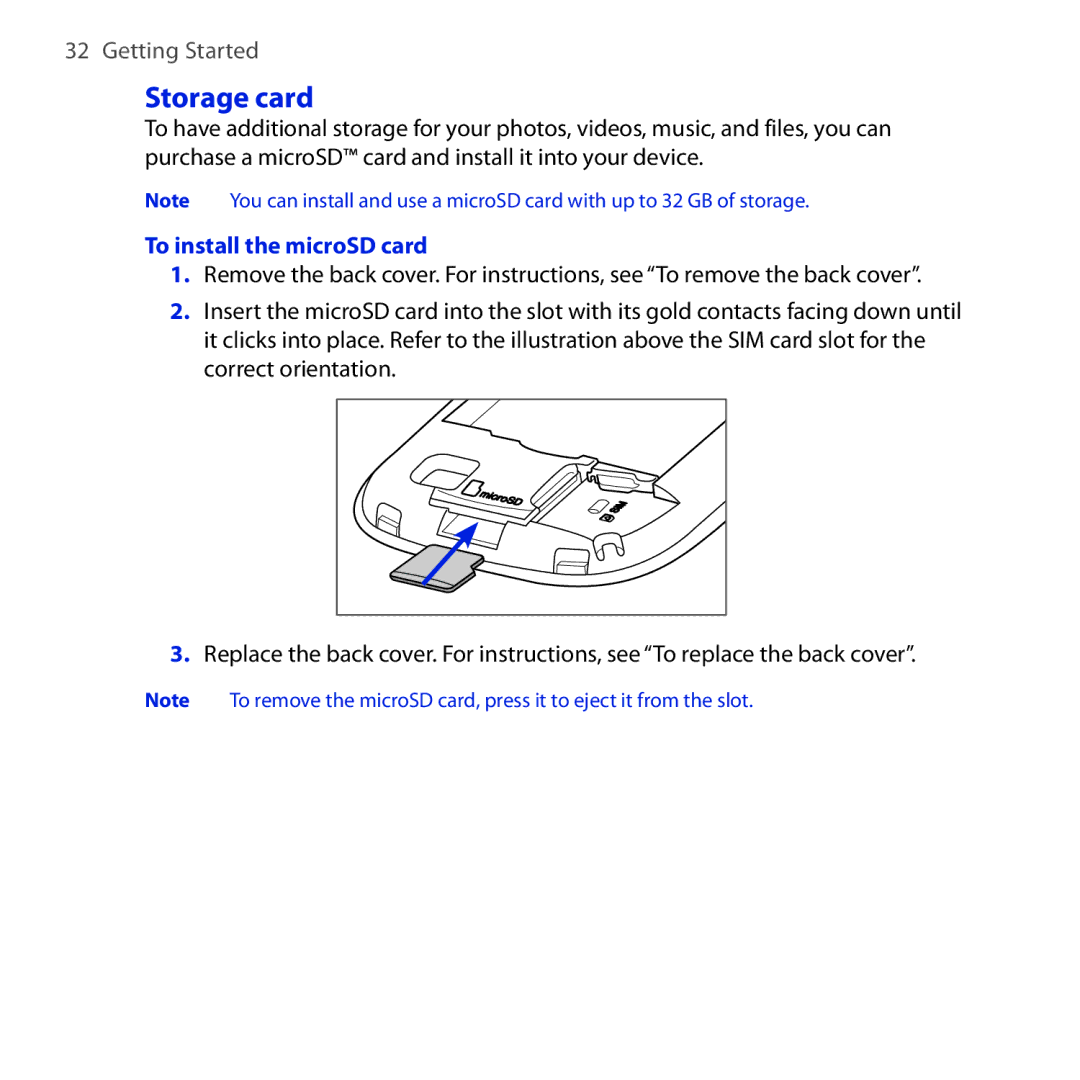 HTC Dash 3G manual Storage card, To install the microSD card 