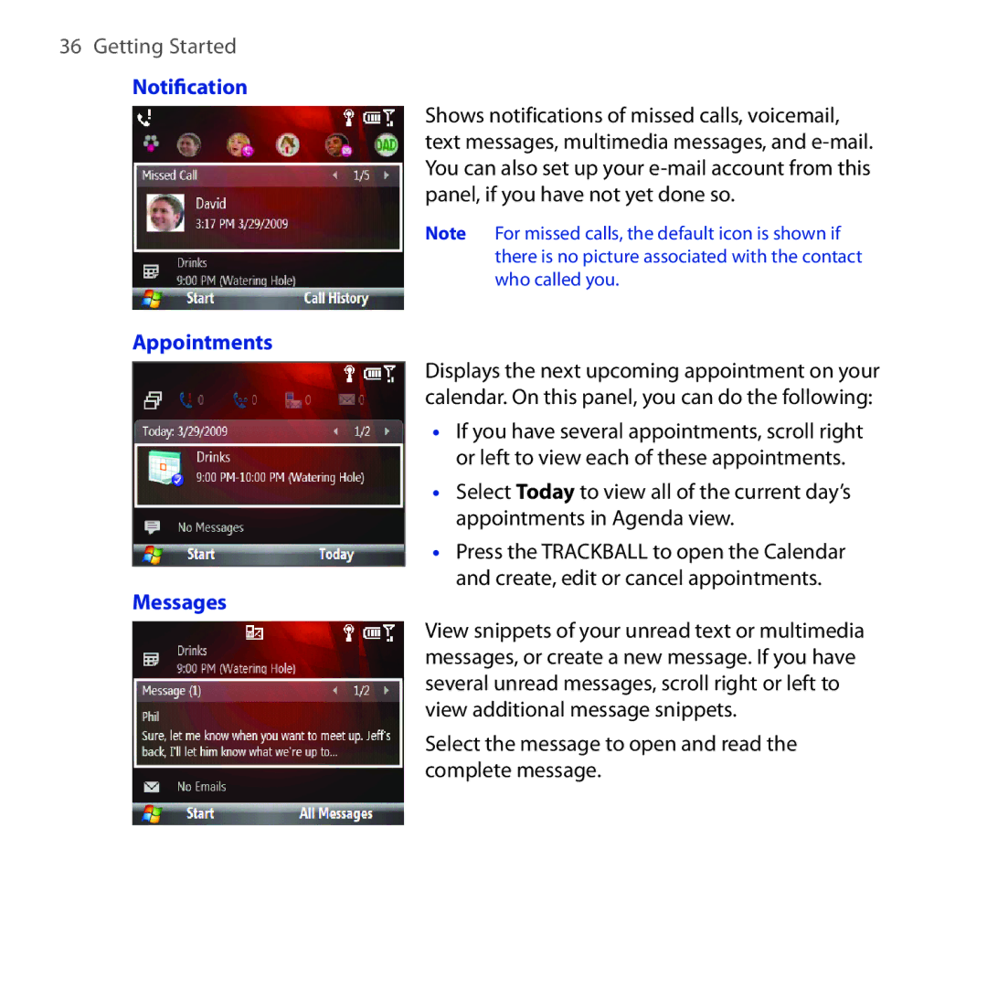 HTC Dash 3G manual Notification, Appointments Messages 