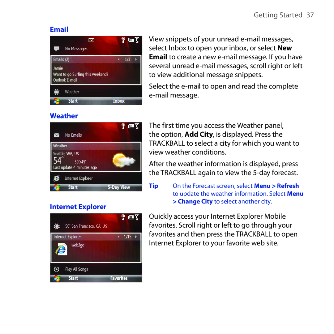 HTC Dash 3G manual Weather Internet Explorer, Change City to select another city 