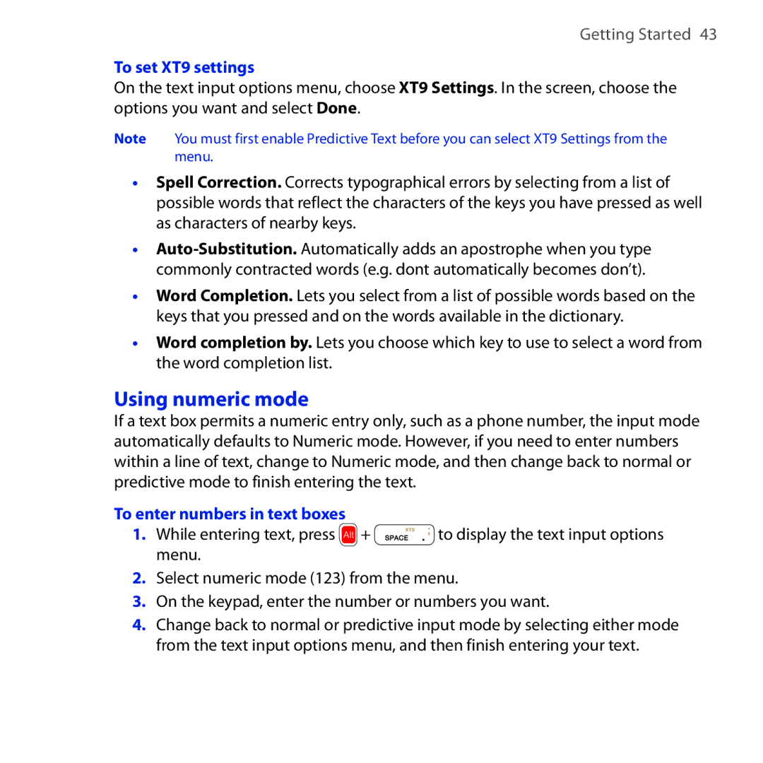 HTC Dash 3G manual Using numeric mode, To set XT9 settings, To enter numbers in text boxes 