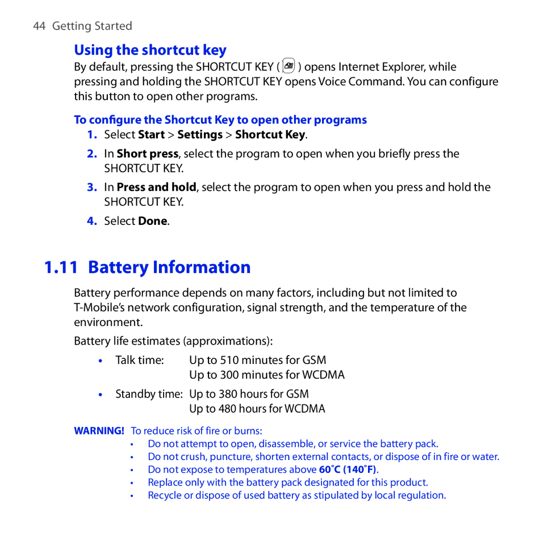 HTC Dash 3G manual Battery Information, Using the shortcut key, To configure the Shortcut Key to open other programs 